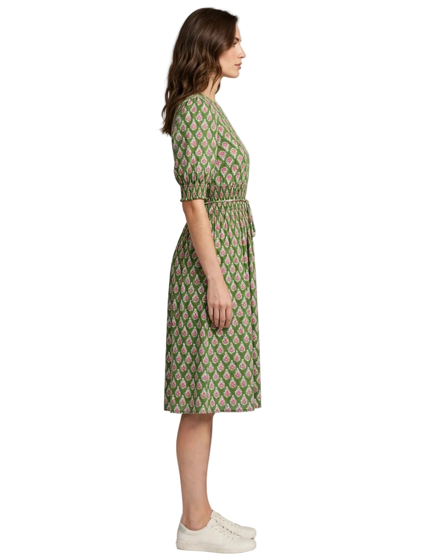 Olive Sage Block Print Smocked Midi Dress