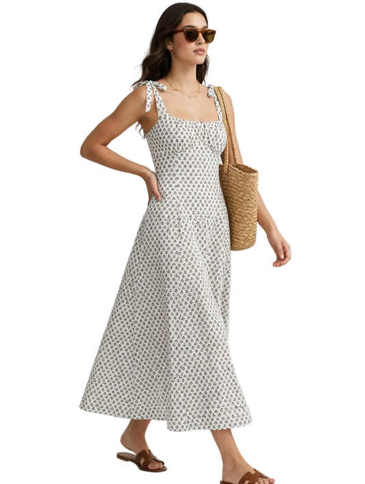 Ivory Floral Block Print Tie-Shoulder Sundress