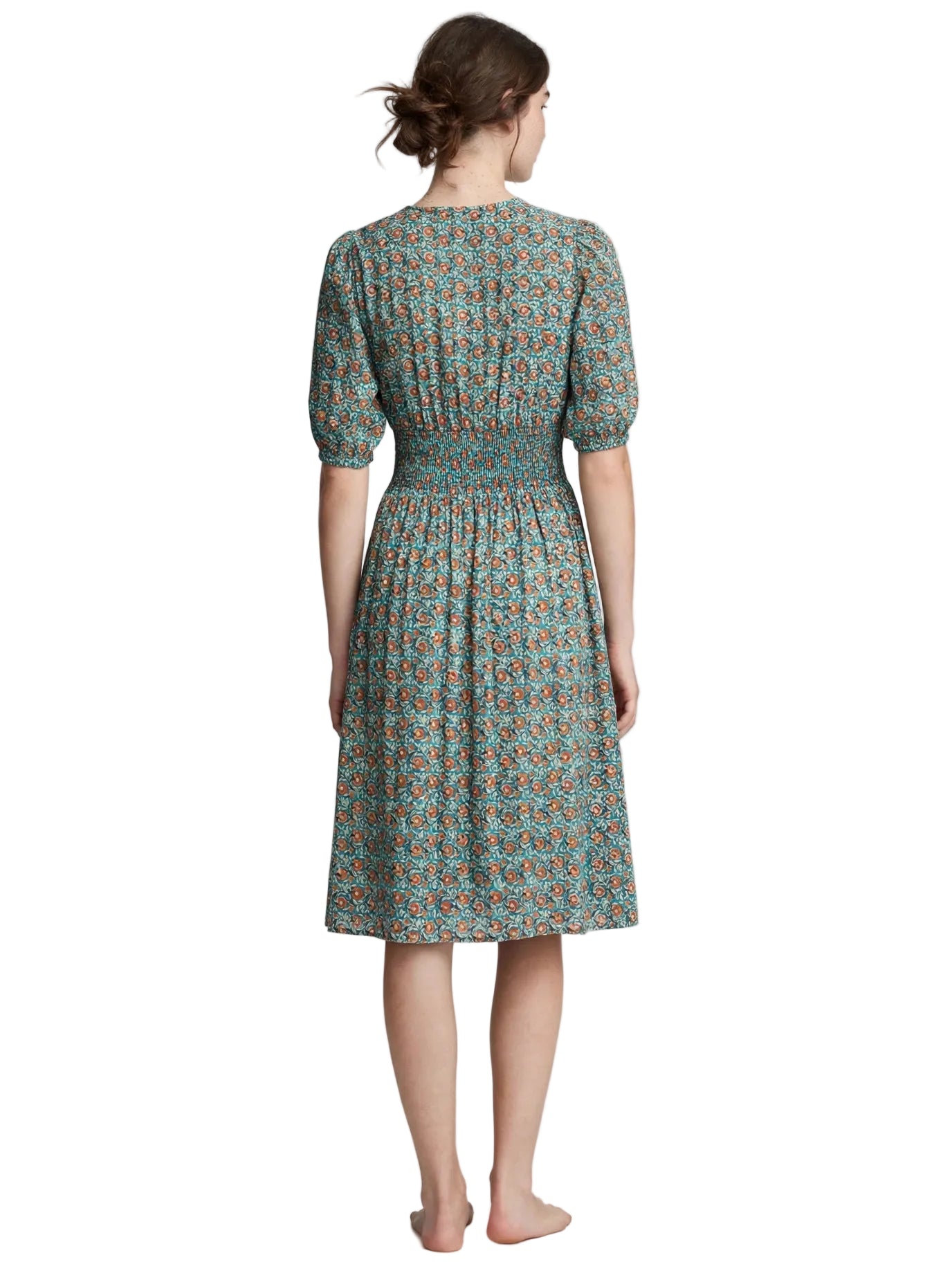 Teal Floral Block Print Smocked Midi Dress