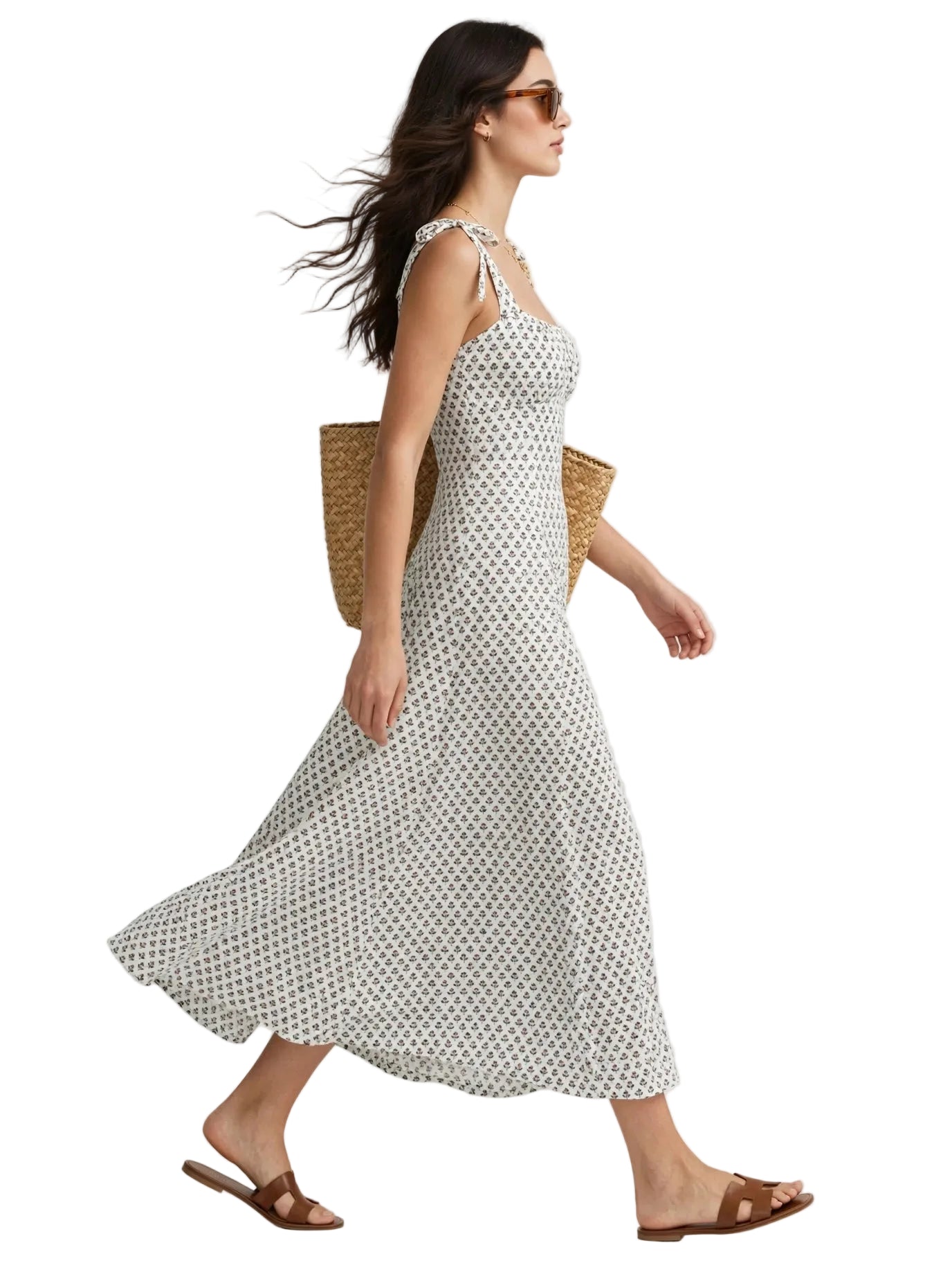 Ivory Floral Block Print Tie-Shoulder Sundress