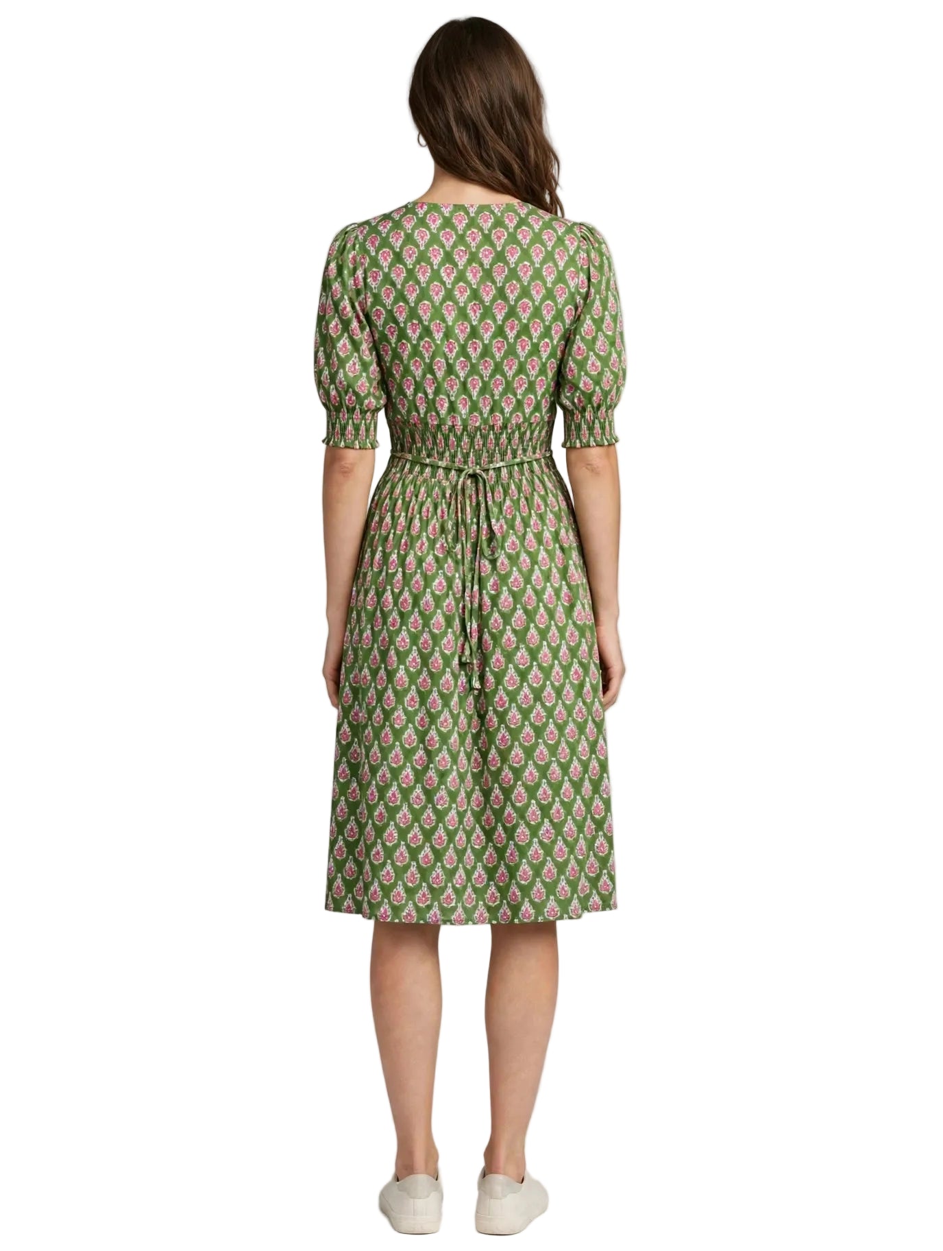 Olive Sage Block Print Smocked Midi Dress