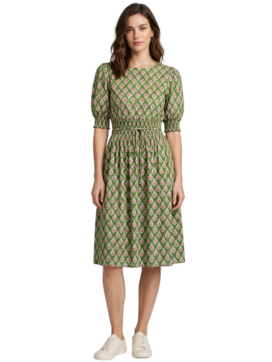 Olive Sage Block Print Smocked Midi Dress