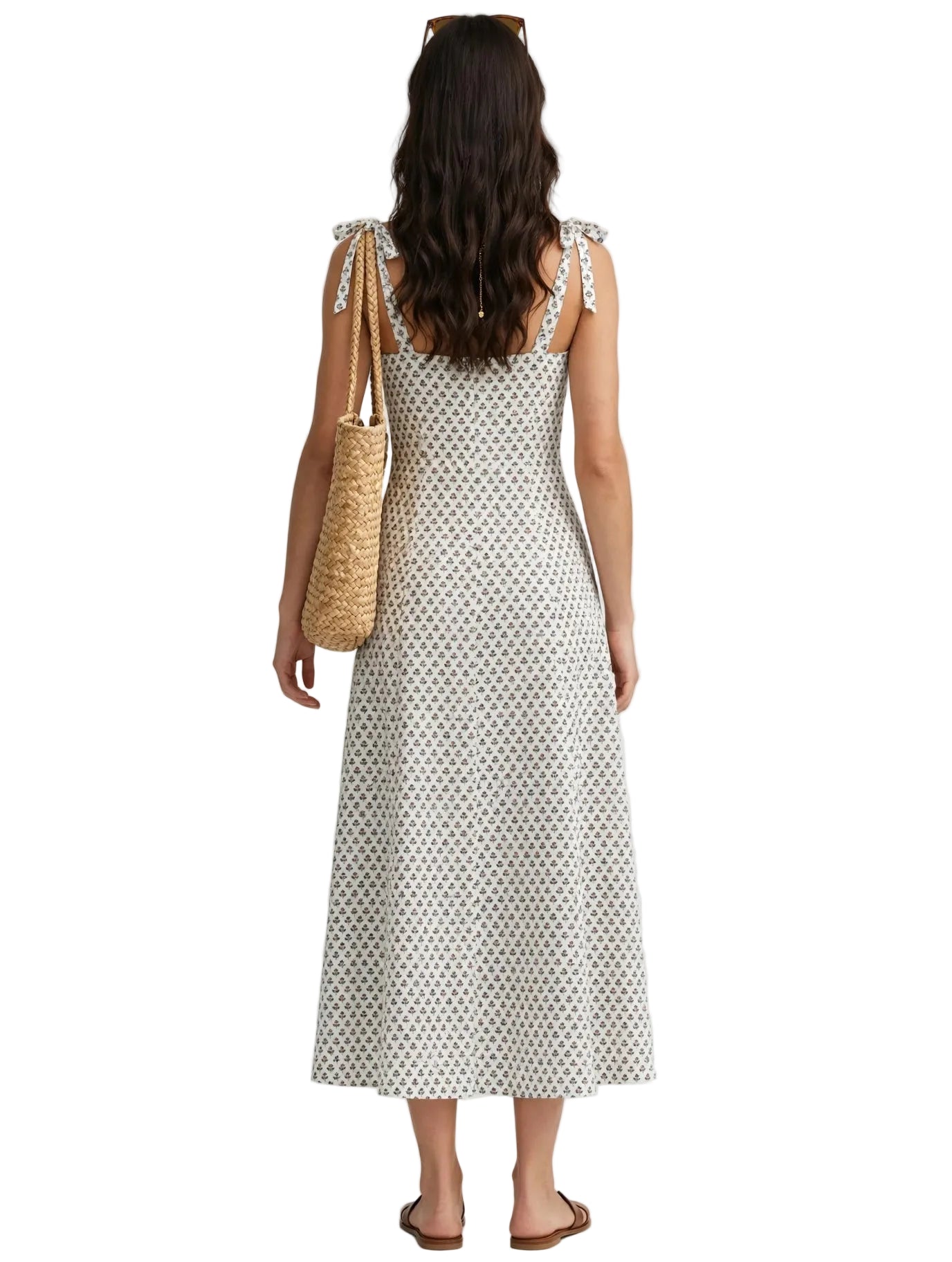 Ivory Floral Block Print Tie-Shoulder Sundress