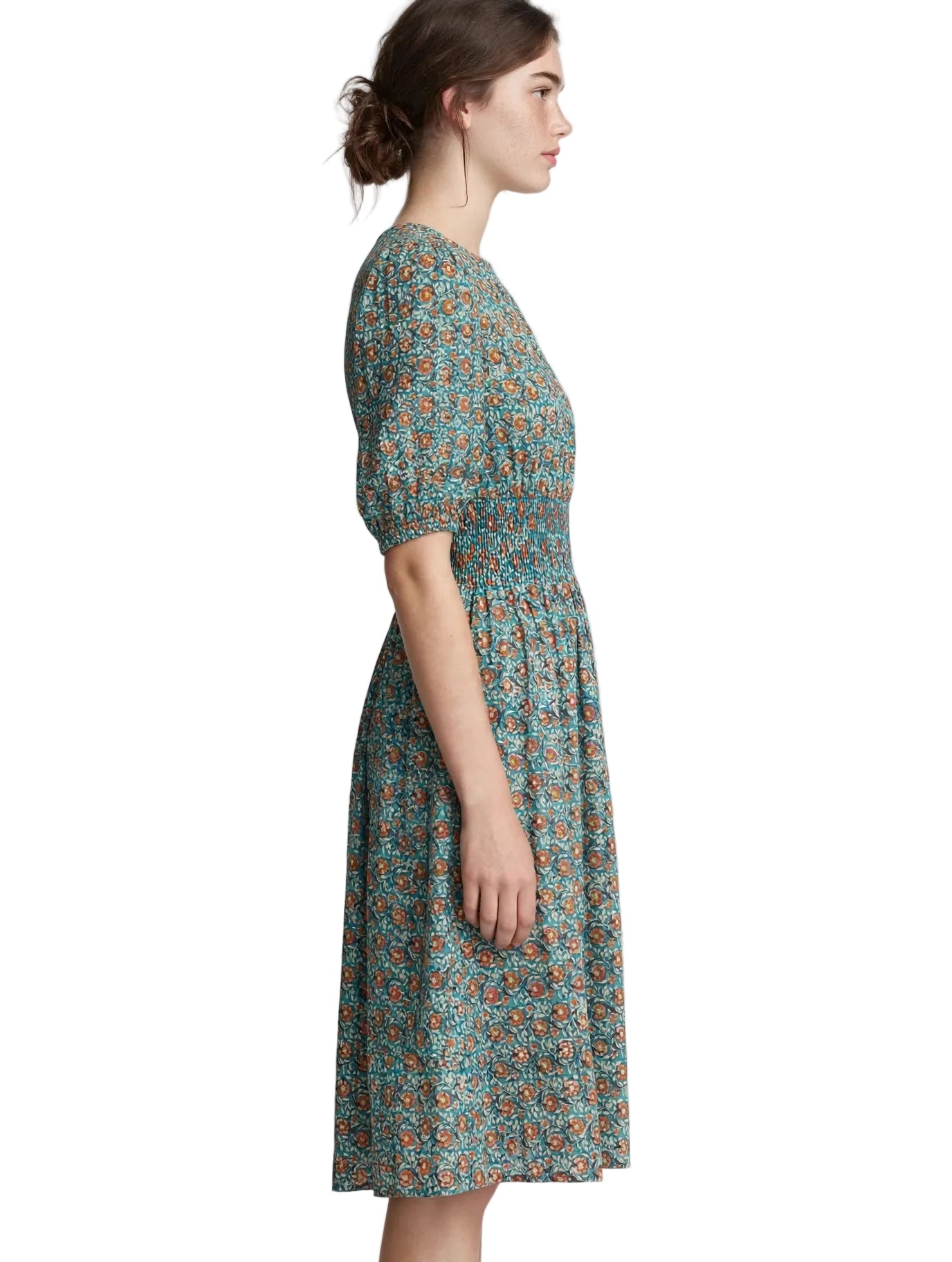 Teal Floral Block Print Smocked Midi Dress