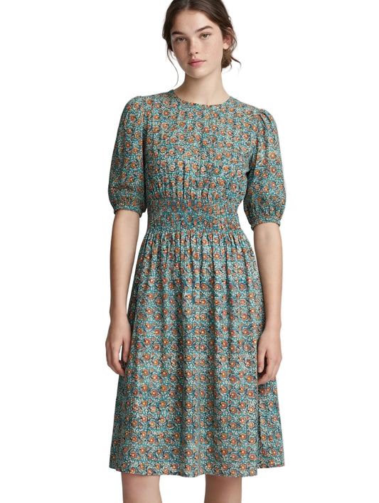 Teal Floral Block Print Smocked Midi Dress