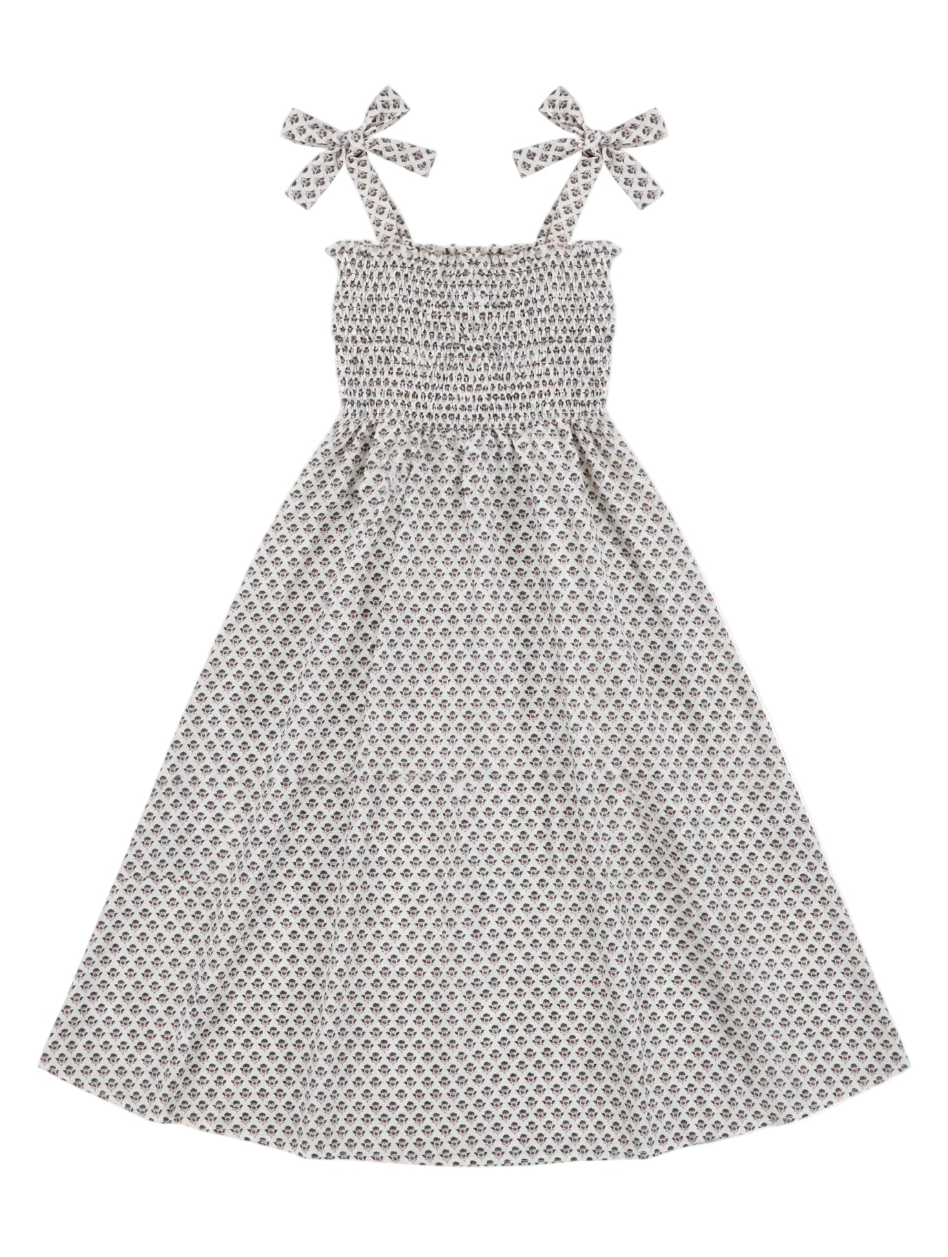 Ivory Floral Block Print Tie-Shoulder Sundress