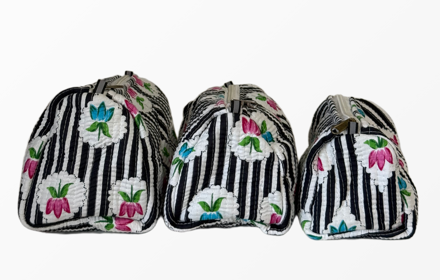 Handcrafted Cotton Quilted Cosmetic Pouch Set – Trio of 3 Sizes