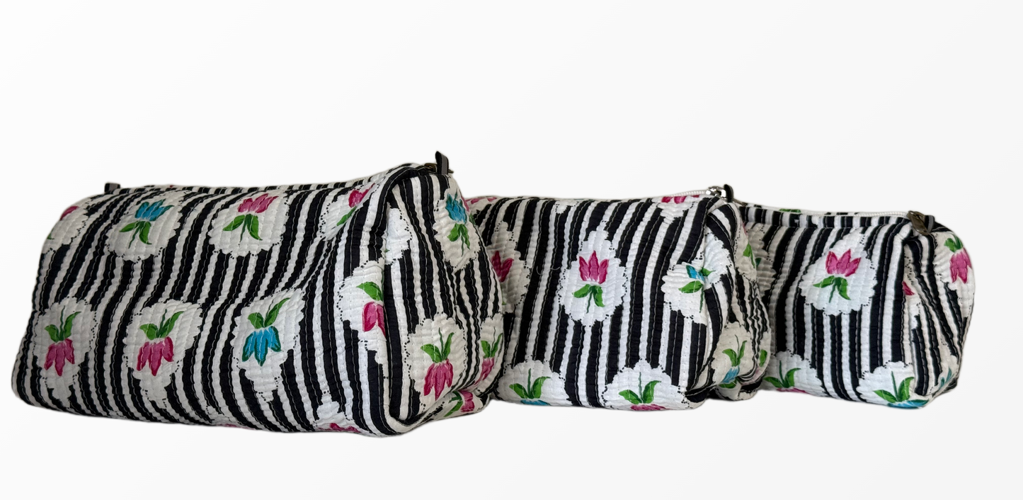 Handcrafted Cotton Quilted Cosmetic Pouch Set – Trio of 3 Sizes
