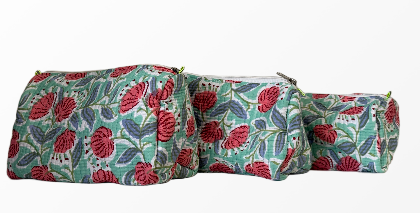 Handcrafted Cotton Quilted Cosmetic Pouch Set – Trio of 3 Sizes