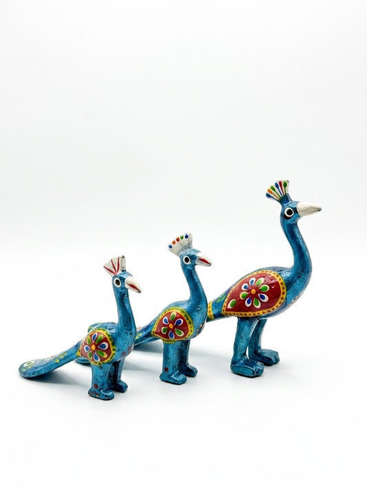 Hand-Painted Rajasthani Terracotta Peacock Figurines (Set of 3)
