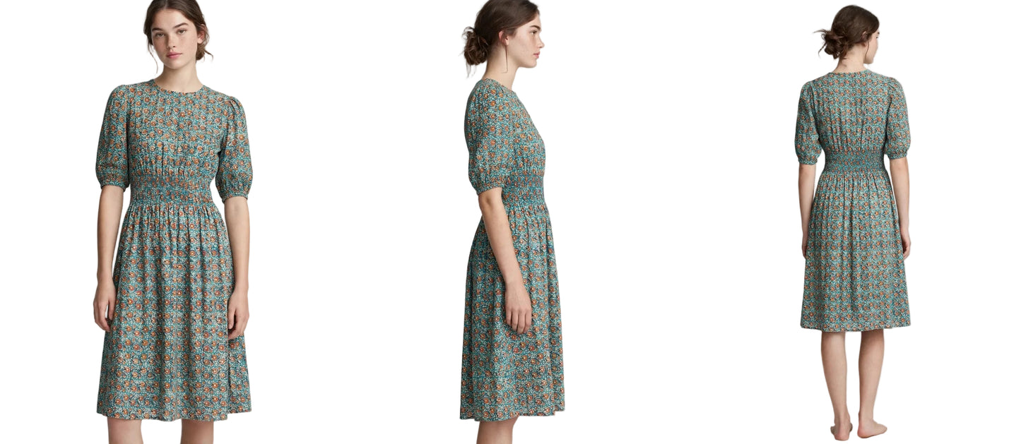 Teal Floral Block Print Smocked Midi Dress
