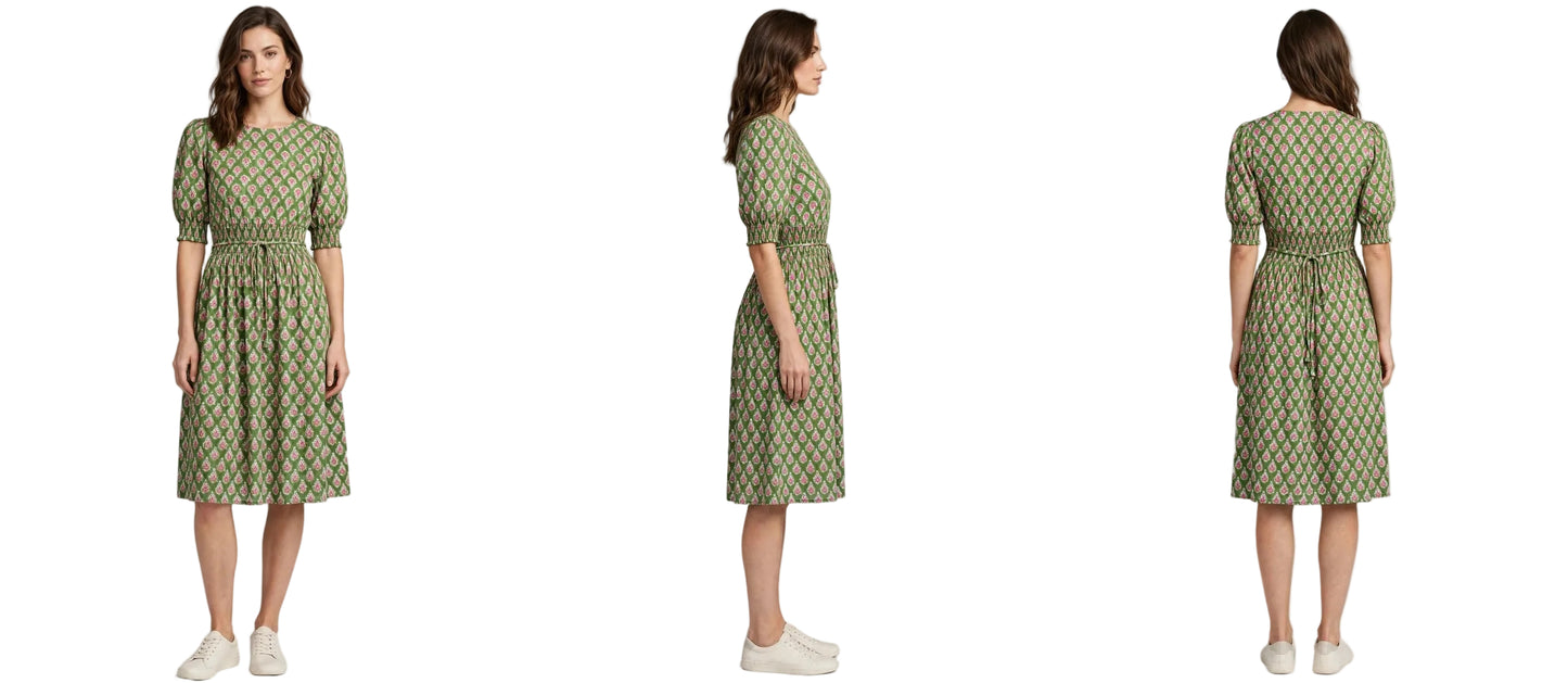 Olive Sage Block Print Smocked Midi Dress